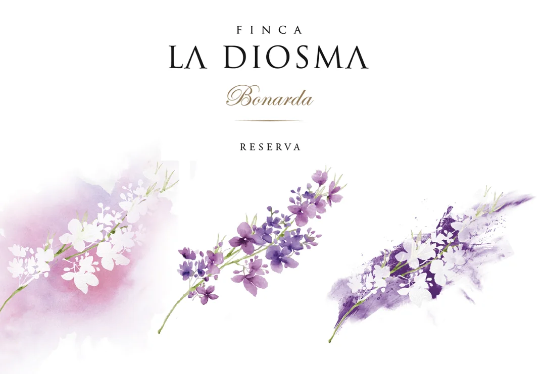 Diseño de etiqueta Finca La Diosma Bonarda Reserva — ilustración a la acuarela