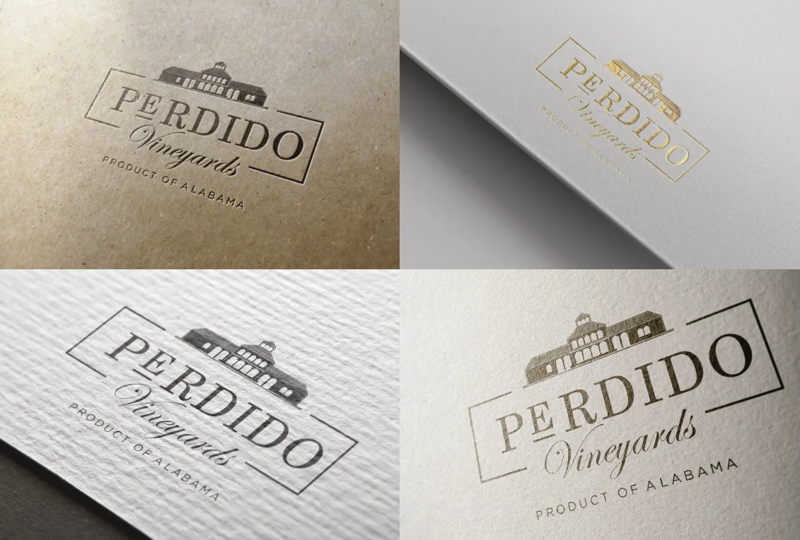 Variantes del logotipo Perdido Vineyards aplicadas sobre distintos papeles y texturas — versiones en negro, dorado y blanco