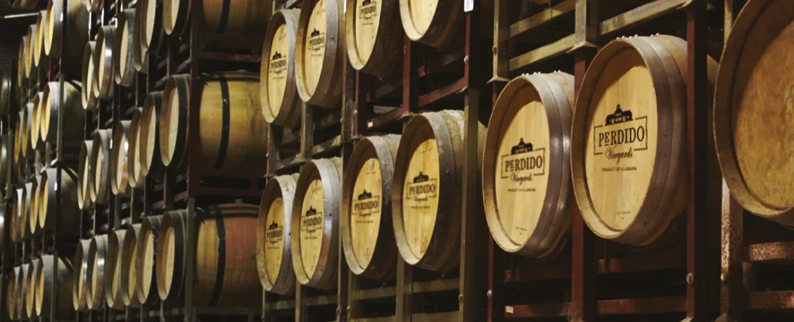 Cava de Perdido Vineyards — barricas de roble apiladas con el logo grabado en la tapa