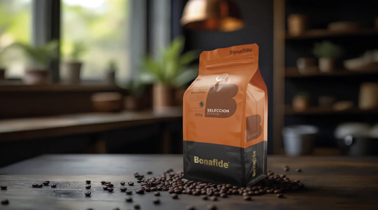 Bolsa de café Bonafide en detalle con granos de café