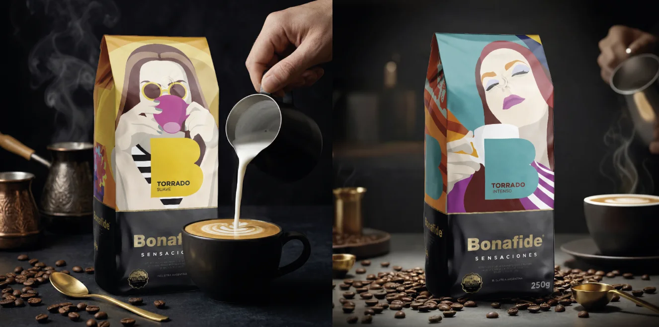 Packaging ilustrado de Bonafide junto a una taza de café