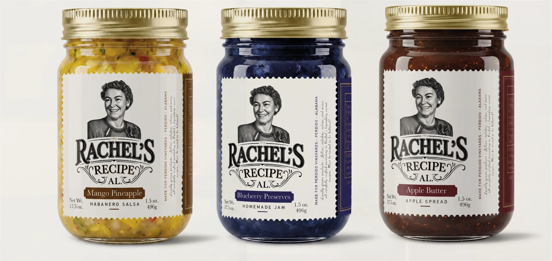 Línea Rachel's Recipe — Mango Pineapple Habanero Salsa, Blueberry Preserves y Apple Butter en frascos de vidrio