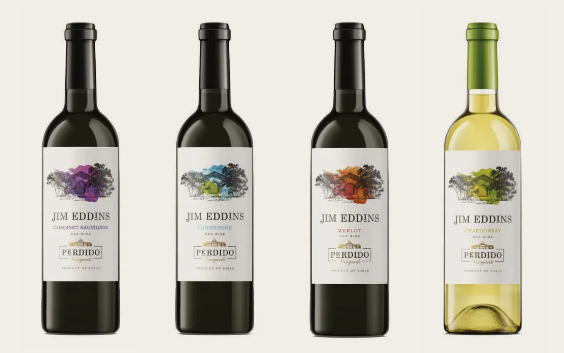 Línea completa Jim Eddins — Cabernet Sauvignon, Carmenere, Merlot y Chardonnay con etiquetas acuareladas por varietal
