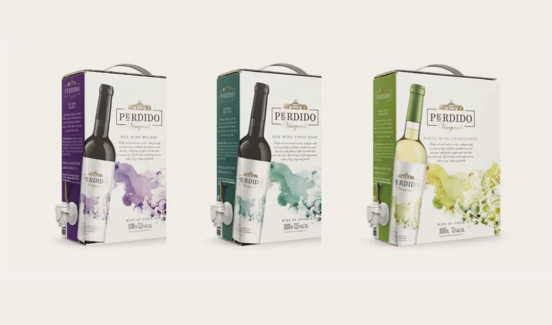 Línea bag-in-box Perdido — Red Wine Malbec, Red Wine Pinot Noir y White Wine Chardonnay con etiquetas acuareladas