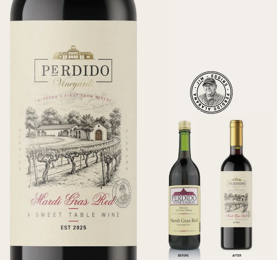 Etiqueta Perdido Vineyards Mardi Gras Red — Sweet Table Wine — junto a sello y comparativa before / after de la botella