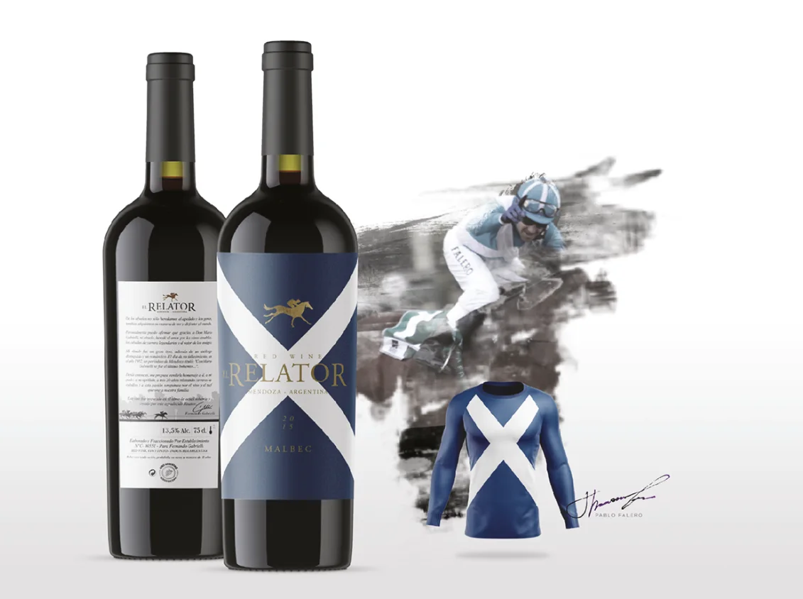 Diseño de etiqueta El Relator — botella e ilustración de jockey