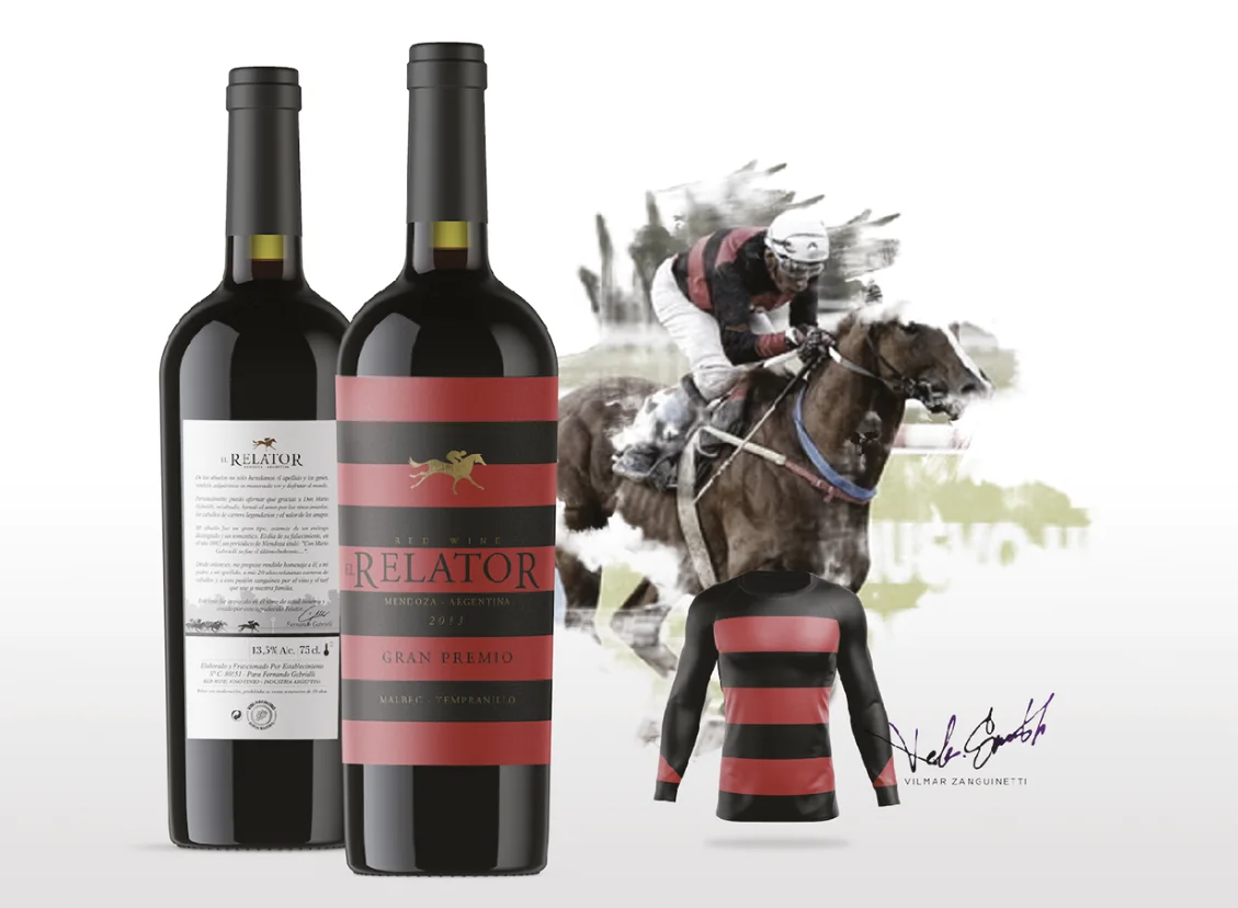 El Relator — botellas con etiqueta a rayas e ilustración de jockey