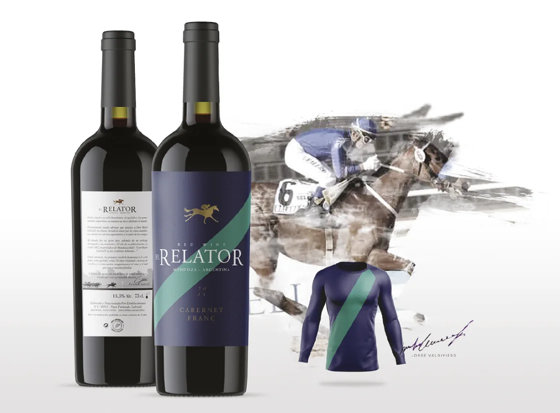 El Relator — botella e ilustración de jockey en carrera