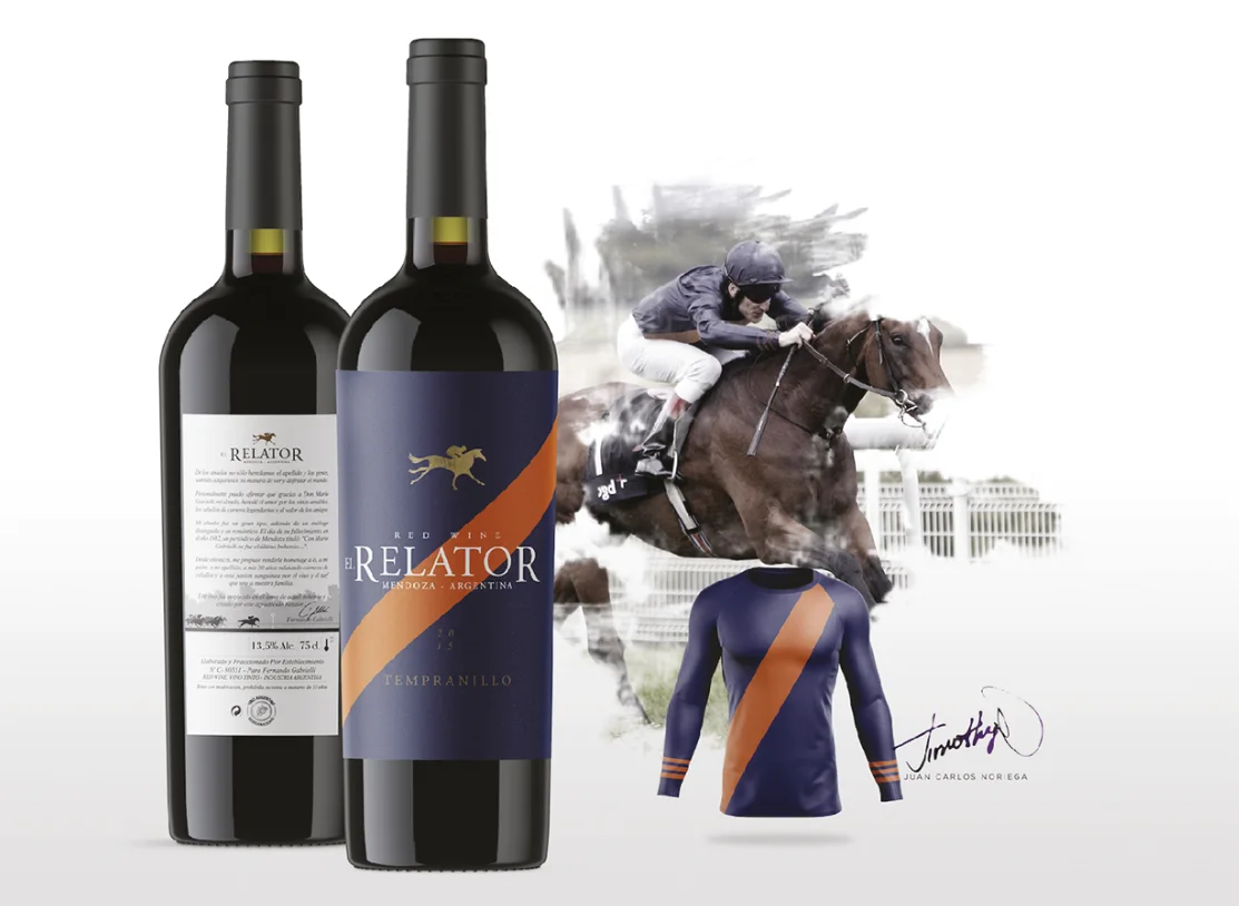 El Relator — botella e ilustración de jockey de la colección