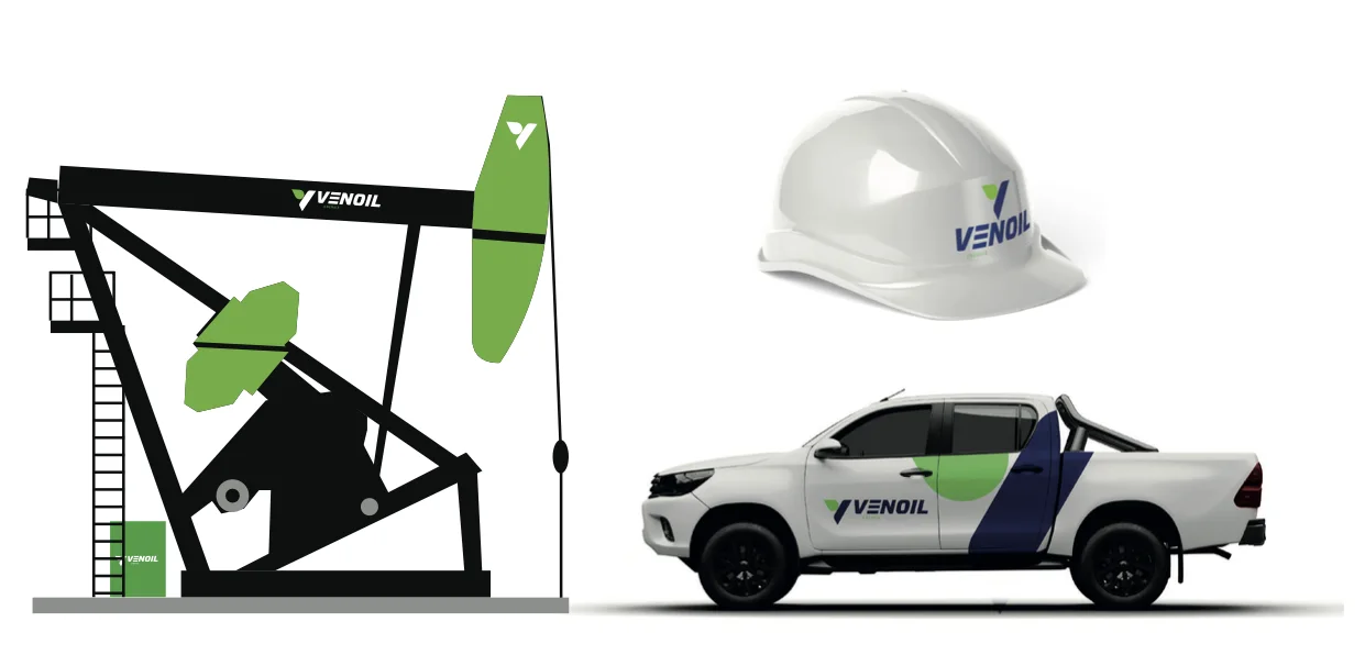Aplicaciones de marca Venoil — torre de bombeo, casco y camioneta